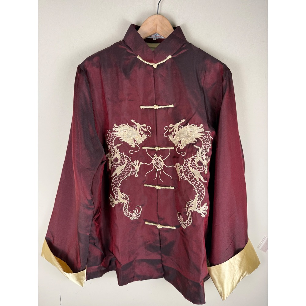 VTG Satin Solz Squirrel‎ Red Chinese Dragon Lounging Smoking Jacket Men's L EUC